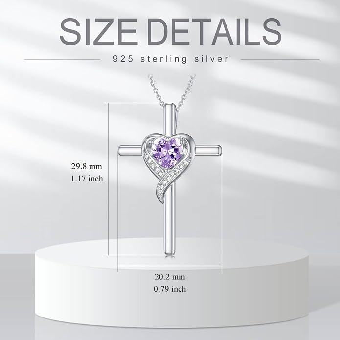 TOUPOP Birthstone Cross Necklace for Women 925 Sterling Silver Heart Cross Pendant Necklace Mothers Day Birthday Jewelry Gifts for Mom Wife Her