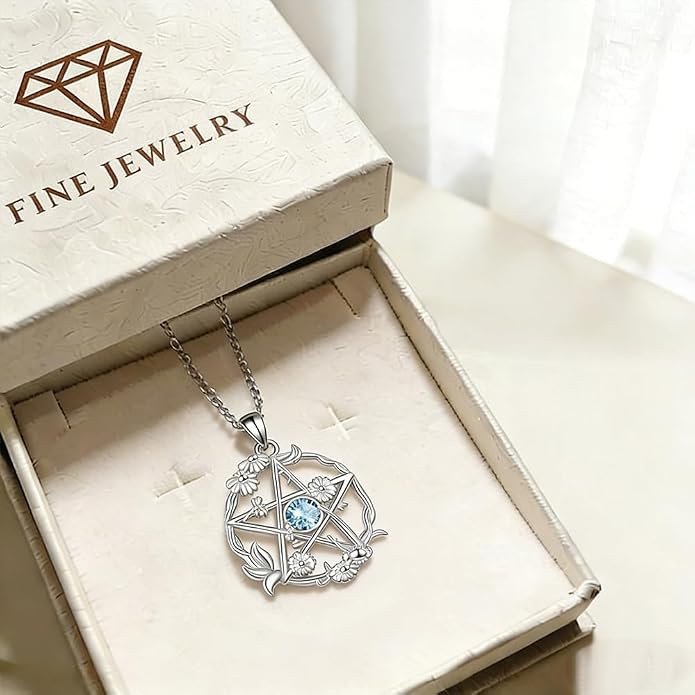 Birthstone Pentagram Necklace for Women 925 Sterling Silver Pentacle Daisy Pendant Pentacle Jewelry Birthday Gifts
