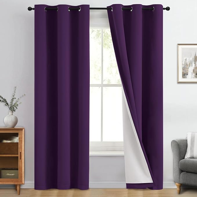Yakamok Purple 100% Blackout Curtains 84 Inches Long for Bedroom 40" Wide | Blackout Curtain Panels for Bedroom, 2 Thick Layers Grommet Top Thermal Insulated Drapes with White Back for Living Room