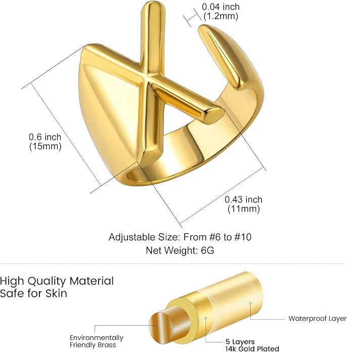 KeyStyle Bold Initial Letter Rings Adjustable, GoldChic Jewelry Women Gold Statement Ring Personalized Engraved Women’s Open Signet Ring for Party (Gold, White Gold, Black)