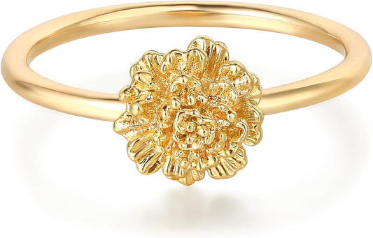 Birth Flower Ring for Women 14K Gold Plated Floral Minimalist Stackable Finger Jewelry Birthday Gifts