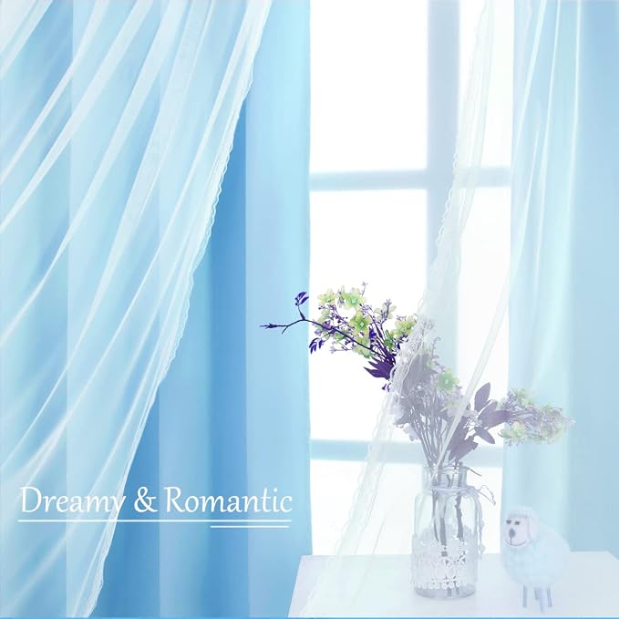 Short Blue Blackout Curtains 63 Inch Length with Sheer - Double Layered Light Blue Grommet Window Treatment for Kids/Children's Boys Bedroom Living Room Nursery, Baby Blue, 2 PCs