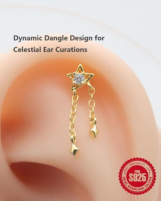 Solid 925 Sterling Silver Helix Earring with Dangle Chain 14K Gold Plated Flat Back Cartilage Stud Crescent Moon & Star CZ Internally Threaded Piercing Jewelry Ear Ring Gift