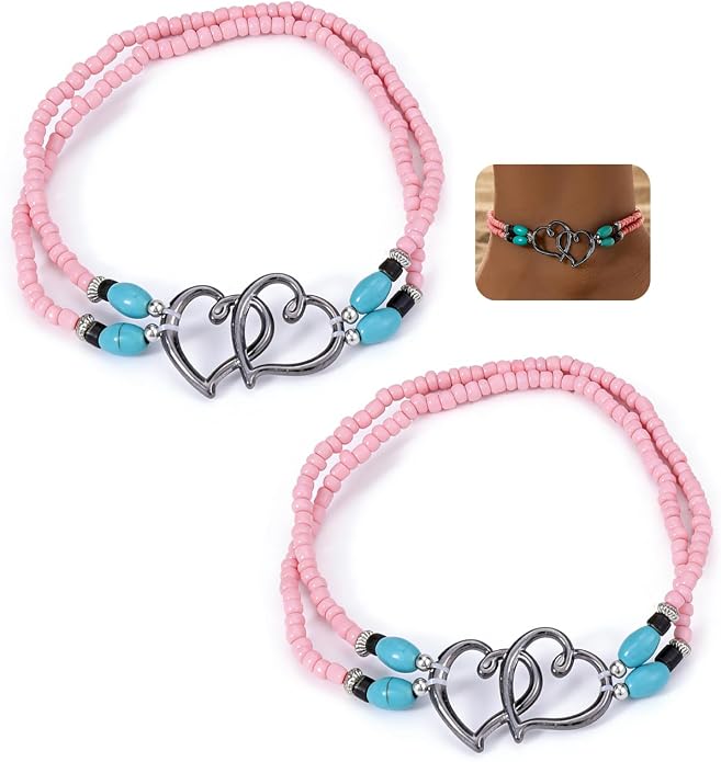 2PC Ankle Bracelets for Women Beaded Heart Ankle Bracelet Waterproof Bohemian Big Plus Size Anklets Summer Beach Accessories Boho Jewelry