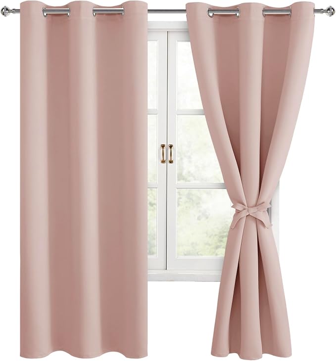 Hiasan Room Darkening Curtains for Bedroom, Blackout Noise Reducing, Energy Saving Window Curtain Panels, Sewn with Tiebacks, Set of 2, Grommet Top (Blush, Width 42 Inch x Length 72 Inch)