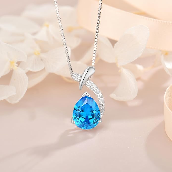 Teardrop Birthstone Necklace for Women,925 Sterling Silver Pear Cut Zircon Gemstone Pendant Necklace for Birthday Engagement Anniversary Wedding Jewelry