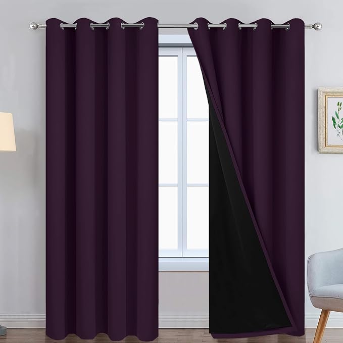 Yakamok Dark Purple 100% Blackout Curtains 96 Inches Long 52" Wide 2 Panels | Blackout Curtain Panels for Bedroom, 2 Thick Layers Grommet Top Thermal Insulated Drapes with Black Liner for Living Room