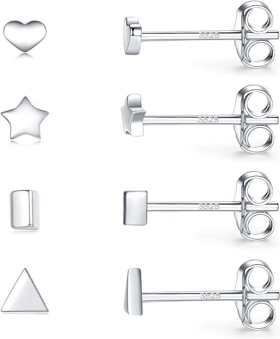 EPIRORA Sterling Silver Stud Earrings for Women Men- 4 Pairs of Hypoallergenic Simple Geometric Small Stud Earring Set Tiny Circle Triangle Square Bar Stud Earrings Mini Cartilage Tragus Earrings
