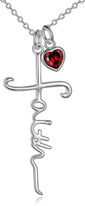 Faith Cross Necklace For Women Birthstone Sterling Silver with Simulated Birthstone Cross Jewelry Christian Gifts