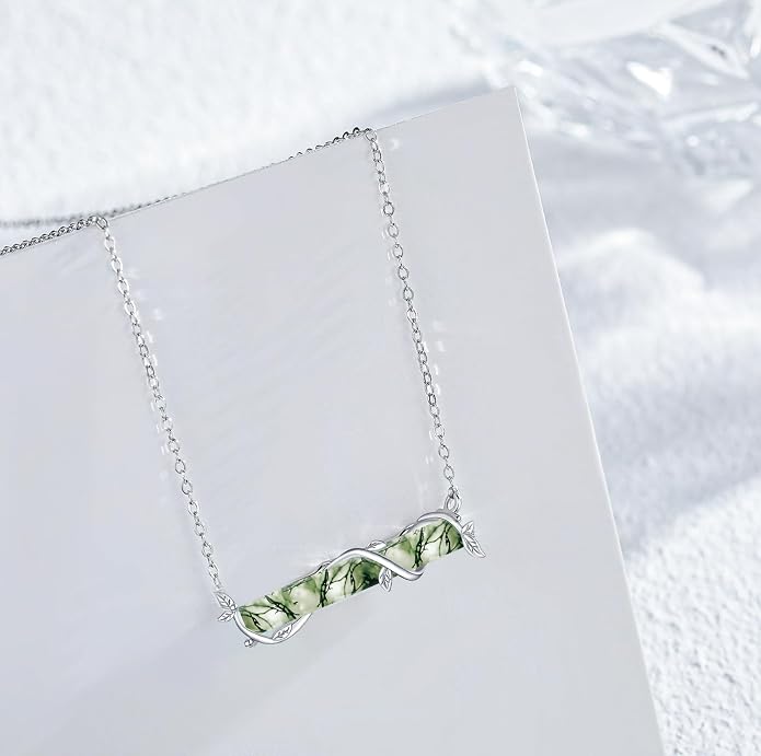 Bar Opal Leaf Necklace For Women S925 Sterling Silver White Opal Pendant with Leaf Charm Bar Pendant Jewelry Gift For Mom Daughter Wife