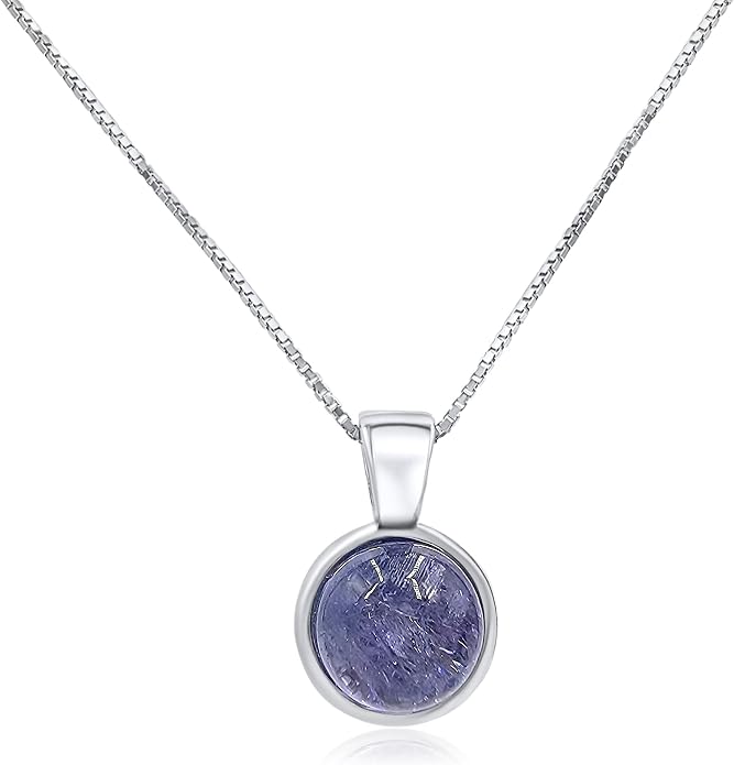 Natural gemstone 8mm round pendant with white gold over 925 sterling silver bezel cabochon plate and box chain, real genuine dainty birthstone gift for her, uniquelan jewelry