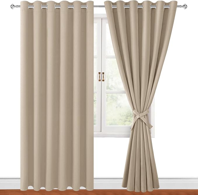 Hiasan Grommet Blackout Curtains for Bedroom, 70 x 84 Inches - Thermal Insulated & Light Blocking Window Drapes for Living Room/Dorm Room, Set of 2 Panels Sewn with Tiebacks, Taupe