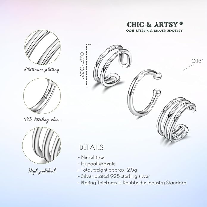 CHIC & ARTSY Sterling Silver Ear Cuff Set - Hypoallergenic, Simple, Adjustable No Piercing Clip on Earrings