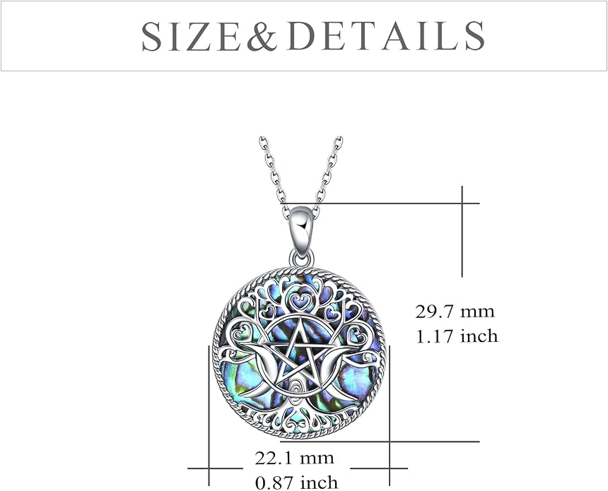 YFN Triple Moon Goddess Necklace Sterling Silver Pentagram Pentacle Opal Pendant necklace Pagan Wiccan Magic Amulet Tree of Life Jewelry for Women Men 18"