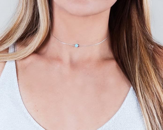 Opal Bead Choker Necklace – Rose and Gold Filled or Sterling Silver, Blue or White Opal Ball, Dainty Minimalist Jewelry 13.5"-16.5"