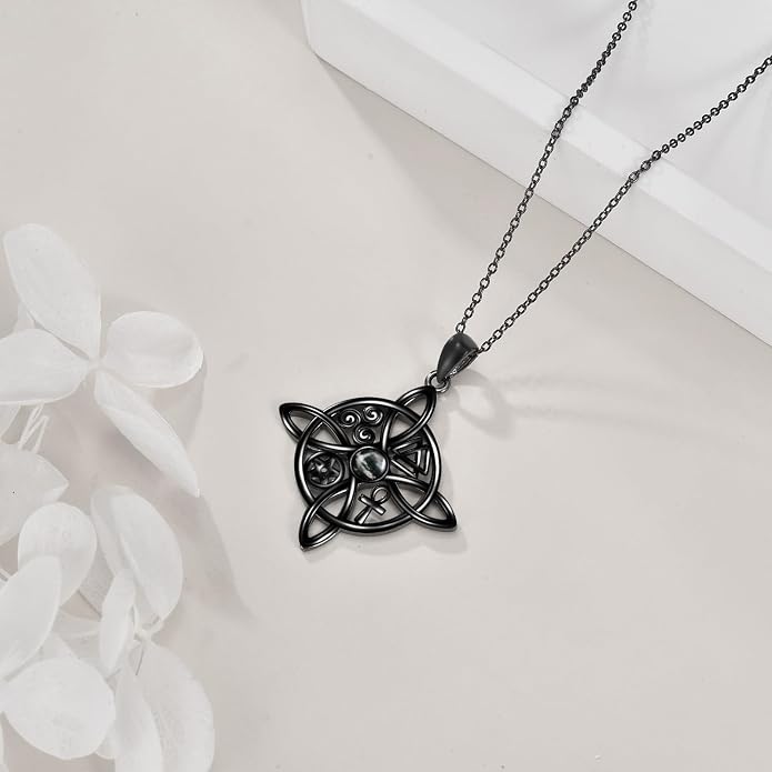YAFEINI Sterling Silver Witches Knot Pendant Necklace - Celtic Cross Witch Jewelry Amulet Gifts for Women