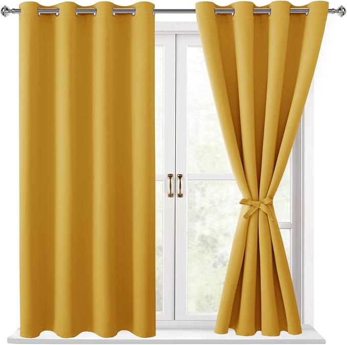 Hiasan Blackout Curtains for Bedroom, 52 x 54 Inches Long - Thermal Insulated & Light Blocking Window Curtains for Living Room, 2 Drape Panels Sewn with Tiebacks, Mustard Yellow