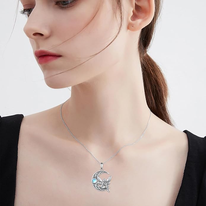Dragon/Fairy Necklace 925 Sterling Silver Moonstone Crescent Moon Necklace Birthday Gifts for Women
