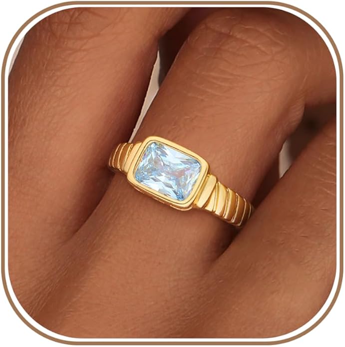 ZHESHY Birthstone Gold Rings for Women Non Tarnish Vintage Gemstone Emerald Rings 14K Gold Plated CZ Signet Thumb Band Rings Jewelry Gift for Birthday Size 6-10