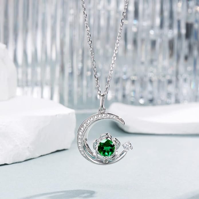 Birthstone Necklace for Women Sterling Silver Moon Pendant Necklaces Anniversary Birthday Fine Jewelry Gifts for Her Women Mother, Adjustable Chain
