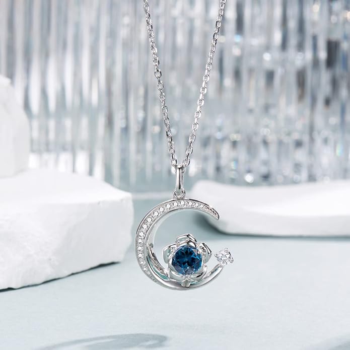 Birthstone Necklace for Women Sterling Silver Moon Pendant Necklaces Anniversary Birthday Fine Jewelry Gifts for Her Women Mother, Adjustable Chain