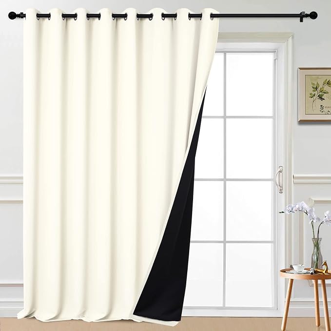 Yakamok Cream 100% Blackout Patio Door Curtain Panels W100 x L108,1 Panel | Noise Reducing Barrier Panel for Sliding Glass Door, 2 Thick Layers Heat Full Light Blocking Patio Door Drapery