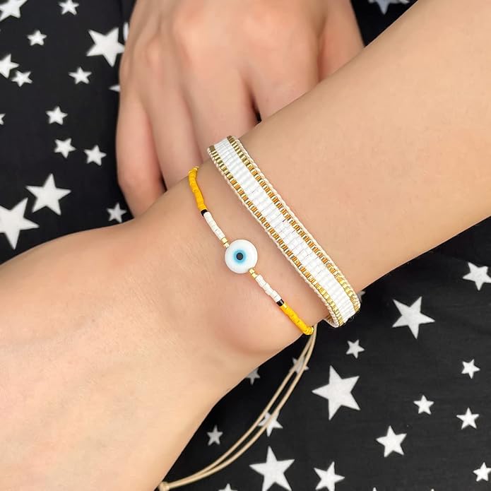 KELITCH Evil Eye Bracelets Crystal Seed Beaded Adjustable Cuff Charms Bracelets Amulet Fashion Jewelry Gift for Women
