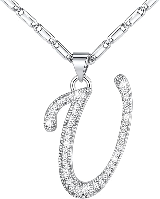 U7 Initial Necklace for Women, Gold/Platinum Plated CZ Crystal Letter A-Z Pendant Necklace, Shiny 20 Inch Name Chain Dainty Personalized Jewelry for Men Mom Wife Friend