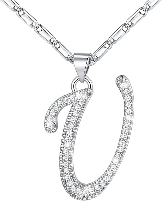 U7 Initial Necklace for Women, Gold/Platinum Plated CZ Crystal Letter A-Z Pendant Necklace, Shiny 20 Inch Name Chain Dainty Personalized Jewelry for Men Mom Wife Friend