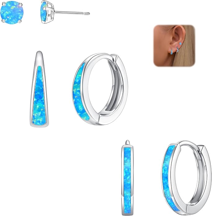 CiNily Opal Earrings Set for Women Hypoallergenic, Opal Stud Huggie Hoop Earrings Silver/Rose Gold Plated Dainty Hoop Huggie Silver Dangle Earring Stacks, Gold Jewelry