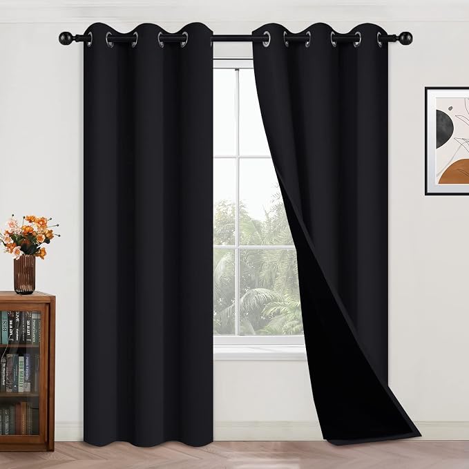 Yakamok Black 100% Blackout Curtains 84 Inches Long for Bedroom 42" Wide | Blackout Curtain Panels for Bedroom, 2 Thick Layers Grommet Top Thermal Insulated Drapes with Black Liner for Living Room