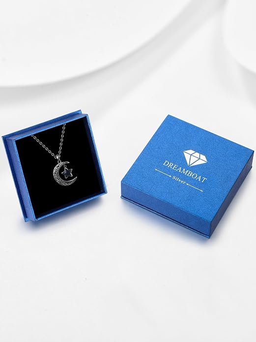 Dreamboat Sterling Silver Moon and Star Necklace Silver Crescent Moon Necklaces for Women Star Pendant Celestial Jewelry Gifts
