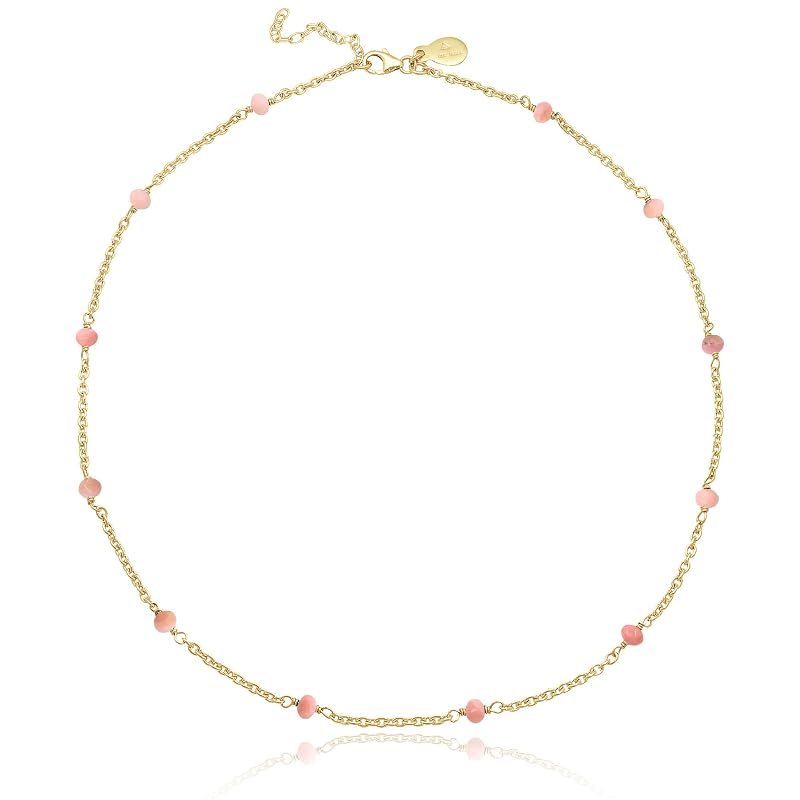 Pink Opal Necklace for Women, Premium Beaded Gold Necklaces - Tarnish Free 18K Gold Vermeil Certified S925 Classic Statement Necklace Gold Jewelry for Women - Mothers Day Gifts for Mom Wife