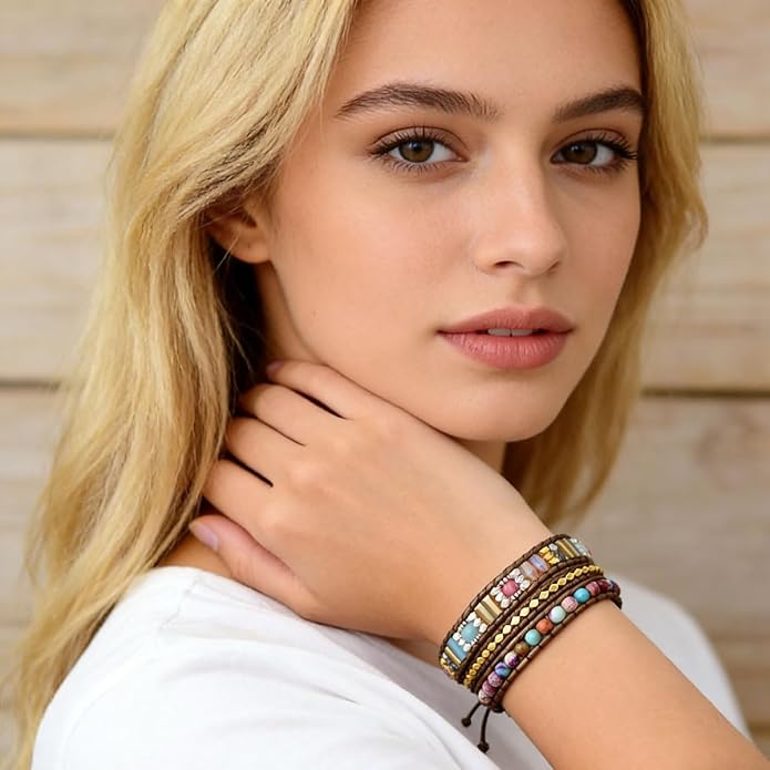 Boho Wrap Bead Bracelet for Women - Handmade Adjustable Natural Stone Beaded Bracelets Yoga Healing Bracelet Bangle Hippie Jewelry