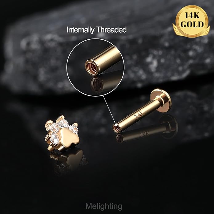 Melighting 14K Solid Gold Paw Dog Cartilage Earring Internally Threaded 16G Helix Piercing Jewelry Clear CZ Helix Earring for Women 8mm Flat Back Stud Earring