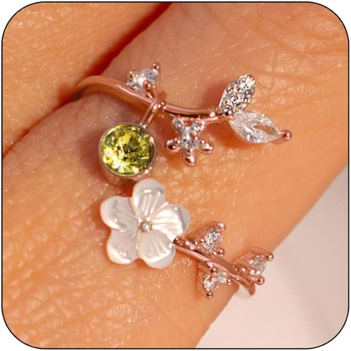 Birthstone Flower Rings For Women Non Tarnish Gemstone Cubic Zirconia Mother of Pearl Adjustable Size 7-11 Silver Rose 14K Gold Plated Birth Jewelry Gift For Birthday