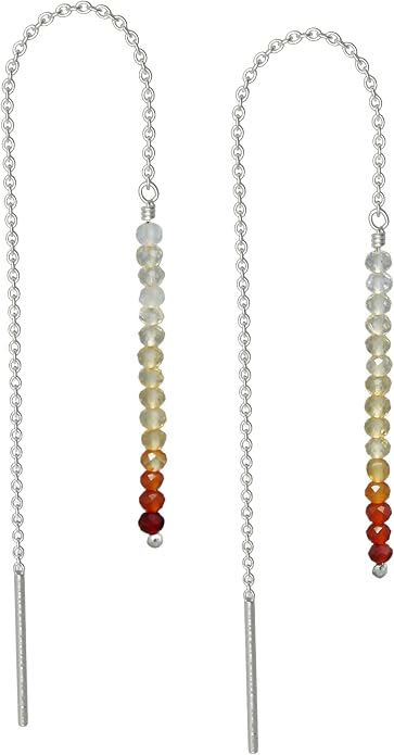 Sterling Silver Threader Earrings with Real Gemstone Beads - Elegant Pull-Through Design for Women, Dangling Western Earrings, Long and Short Adjustable Earring