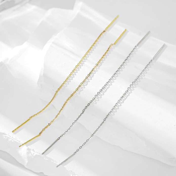 2 Pairs S925 Sterling Silver Chain Threader Earrings For Women Bar Wrap Threader Dangle Drop Earrings Lightweight Minimalist Hypoallergenic Earrings Anniversary Jewelry