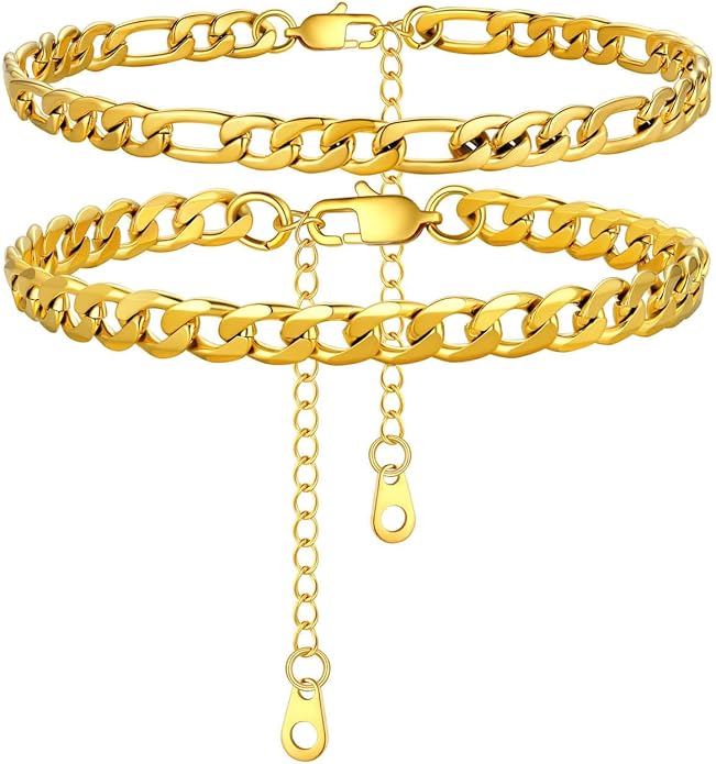 U7 2Pcs/3Pcs Ankle Bracelets for Women, Stainless Steel Cuban Link/Figaro/Rope/Heart Chain Anklets Sets,Waterproof Layered Anklets Adjustable 8.5"-10.5"