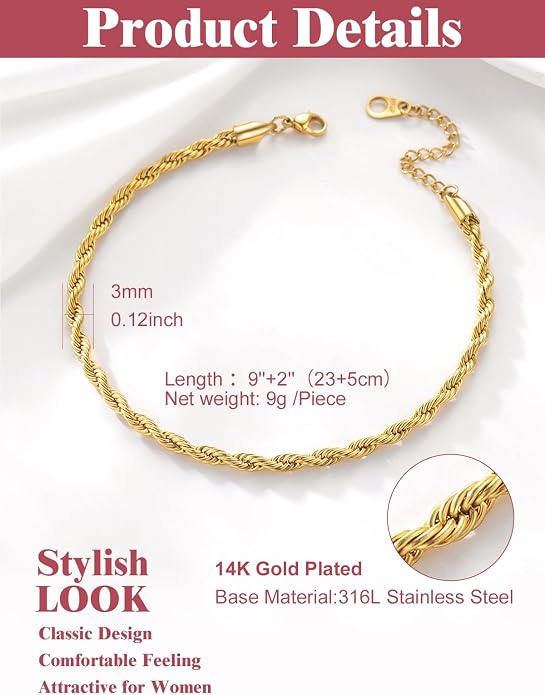 FOCALOOK 14K Gold Plated Anklets for Women Waterproof Plus Size Ankle Bracelet 8.5-10.5 Inch Adjustable Mariner/Figaro/Flat Snake/Cuban Link Chain Anklet Jewelry for Summer Beach Holiday
