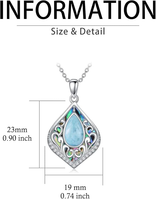 HPQQ Filigree Gemstone Necklace 925 Sterling Silver Teardrop Bohemian Necklace Abalone Shell Jewelry Birthday Gifts for Women