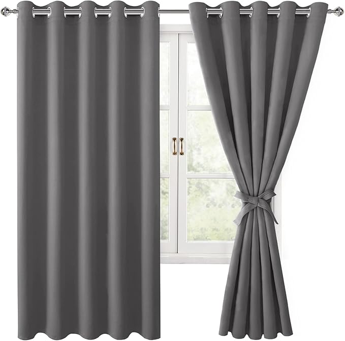 Hiasan Grommet Blackout Curtains for Bedroom, 60 x 72 Inches - Thermal Insulated & Light Blocking Window Drapes for Living Room/Dorm Room, Set of 2 Panels Sewn with Tiebacks, Light Grey