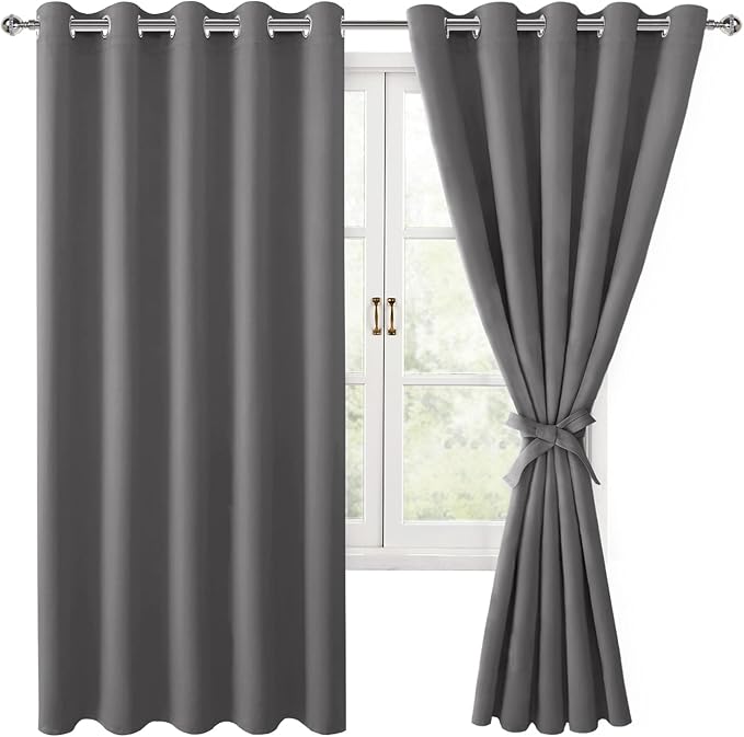 Hiasan Blackout Curtains for Bedroom, 60 x 63 Inches Length - Thermal Insulated & Light Blocking Window Curtains for Living Room, 2 Drape Panels Sewn with Tiebacks, Light Grey