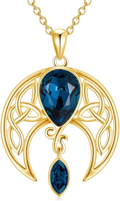 AOBOCO Sterling Silver Celtic Crescent Moon Goddess Pendant Irish Good Luck Necklace with Birthstone Crystal, Celtic Moon Jewelry Gift for Women Mom Wife