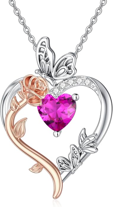 TOUPOP Rose Heart Birthstone Necklace 925 Sterling Silver Heart Butterfly Pendant Love Jewelry Birthday Gifts for Women Wife Mom Her