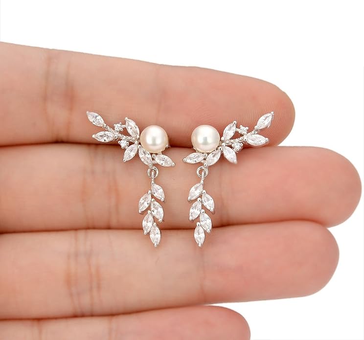 EVER FAITH 925 Sterling Silver CZ 4MM Cultured Pearl Leaf Ear Wrap Cuff Stud Post Crawler Climber Earrings
