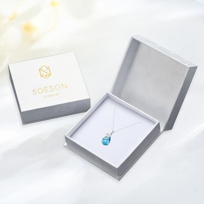 925 Sterling Silver Birth Flower Necklace with Teardrop Shaped Birthstone - 12 Colors, 12 Kinds of Flower - Ideal Birthday Jewelry Gift for Women, Mothers, Daughters & Wives