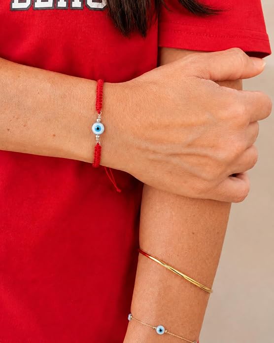 Evil Eye Bracelet for Men Women, Sterling Silver Protection Bracelet, Adjustable Black or Red Woven Cord Bracelet, Good Luck Jewelry Gift
