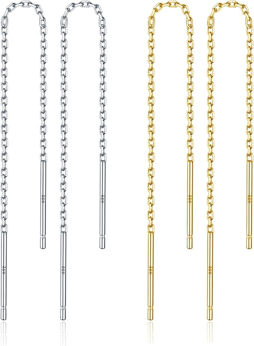 2 Pairs S925 Sterling Silver Chain Threader Earrings For Women Bar Wrap Threader Dangle Drop Earrings Lightweight Minimalist Hypoallergenic Earrings Anniversary Jewelry