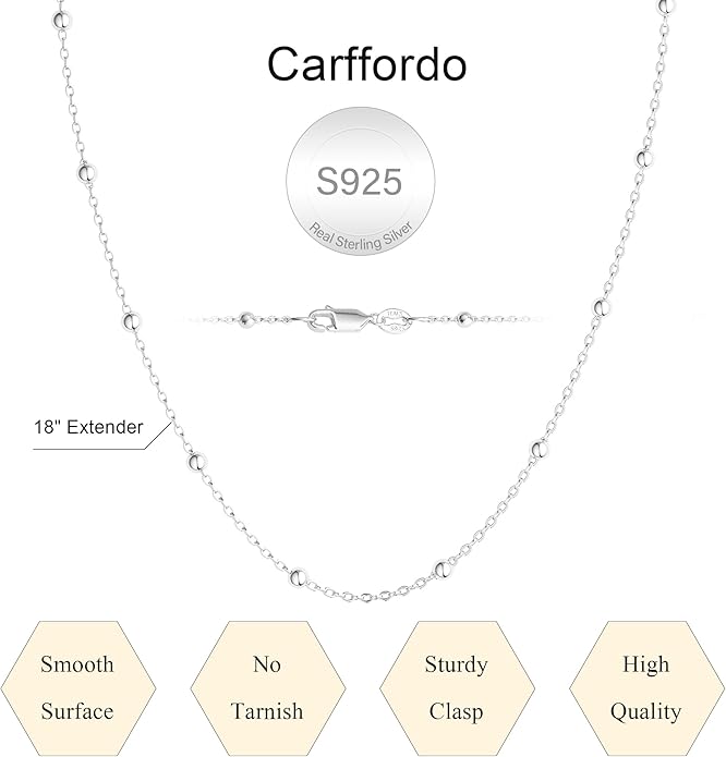 Carffordo 925 Sterling Silver Chain Necklace 16K Gold Plated Beaded Chain Necklace for Women Simple Dainty Choker Necklace Satellite Waterproof Link Necklace Trendy Jewelry Gifts